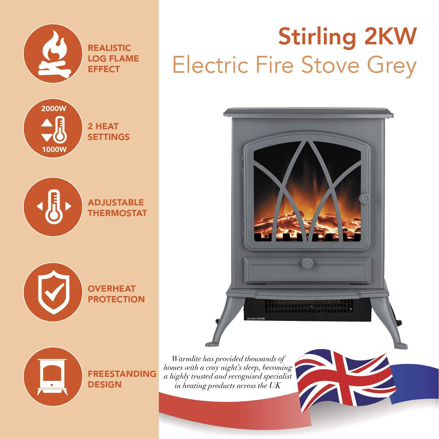 Warmlite WL46018C Stirling Portable Electric Fire Stove Heater with Realistic LED Flame Effect Adjustable Thermostat Overheat Protection 2000W cream